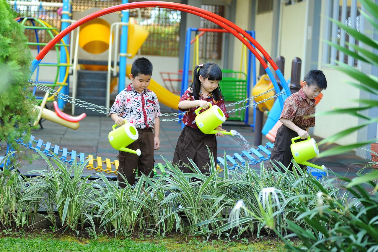 Young kids learning gardening skills by watering plants in a vibrant school playground setting.